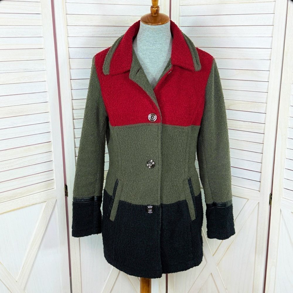 Susan Graver Coat Small Red Green Black‎ Boucle Fleece Color Block Button Front